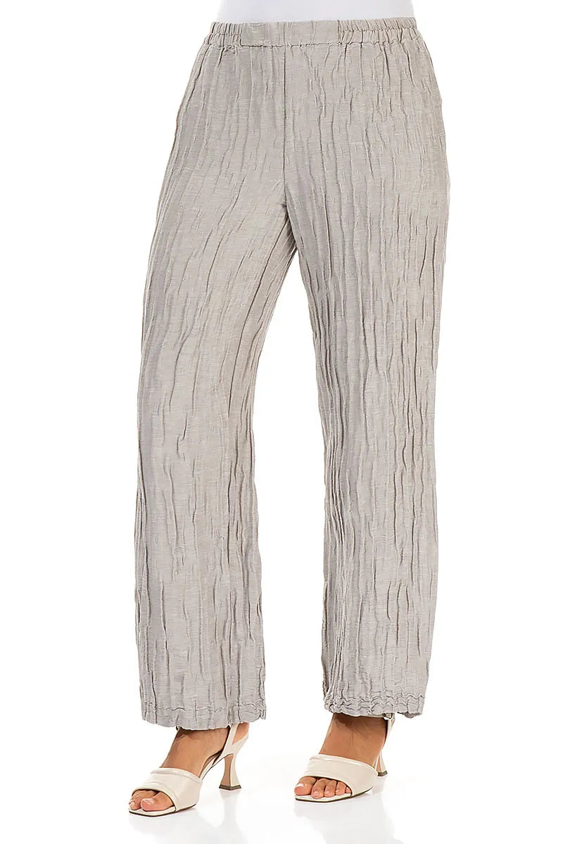 Pantalon droit en lin et soie beige froissé