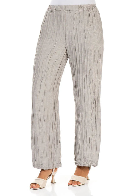 Pantalon droit en lin et soie beige froissé