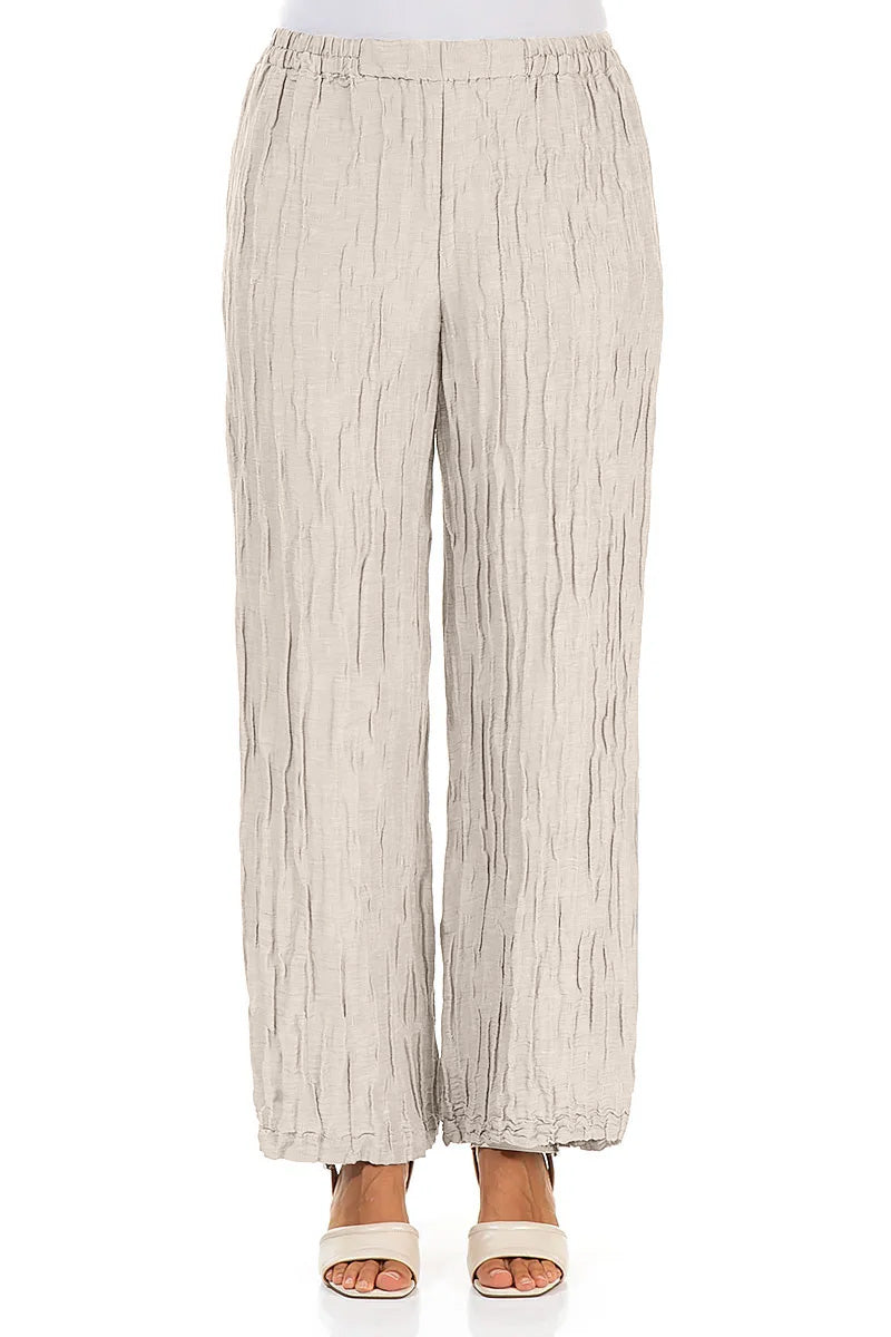 Straight Crinkled Beige Silk Linen Trousers
