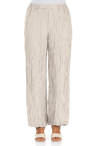 Straight Crinkled Beige Silk Linen Trousers 1