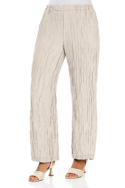Straight Crinkled Beige Silk Linen Trousers 3