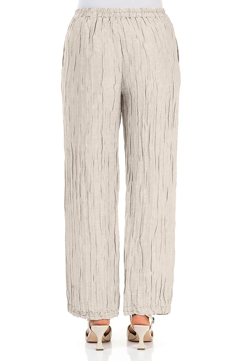Straight Crinkled Beige Silk Linen Trousers