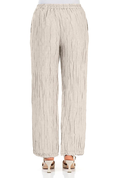 Straight Crinkled Beige Silk Linen Trousers 2