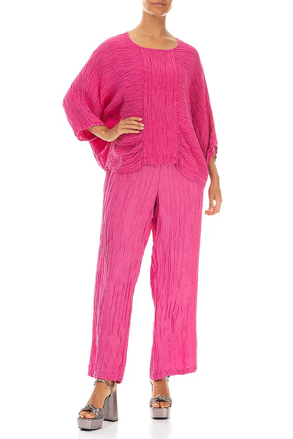Straight Crinkled Fuchsia Silk Linen Trousers 4