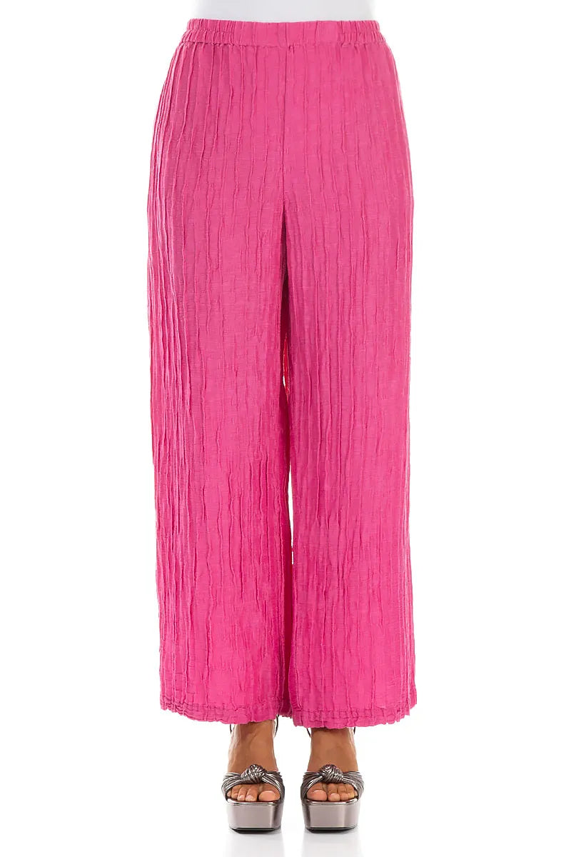 Straight Crinkled Fuchsia Silk Linen Trousers 1