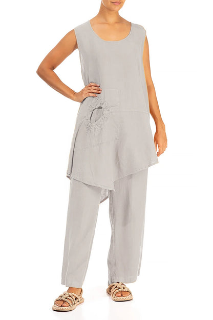 Straight Full Length Beige Linen Trousers 4