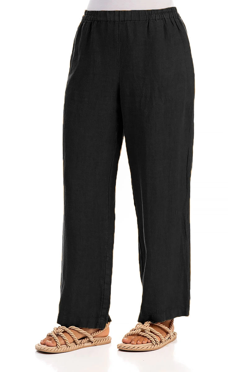 Straight Full Length Black Linen Trousers 3