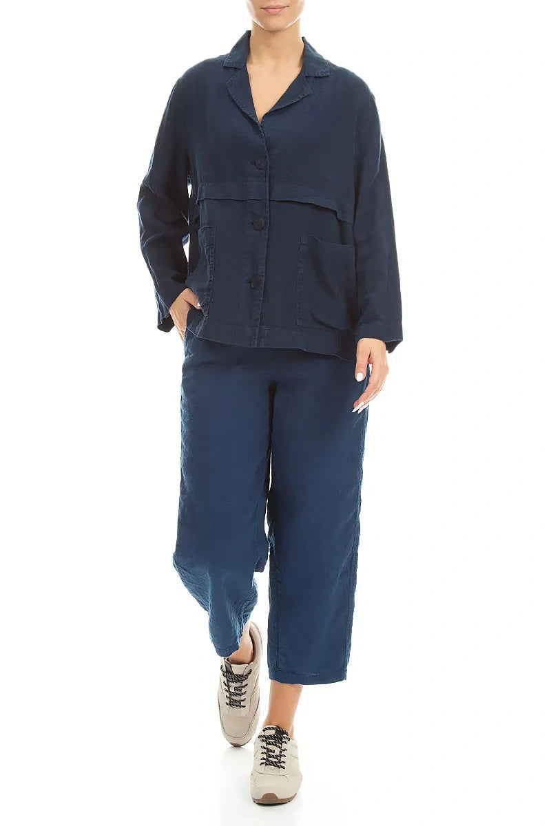 Straight Navy Linen Trousers 4