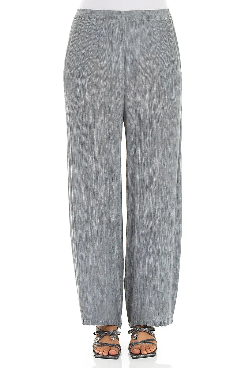 Pantalon Droit en Soie Viscose Gris Argent