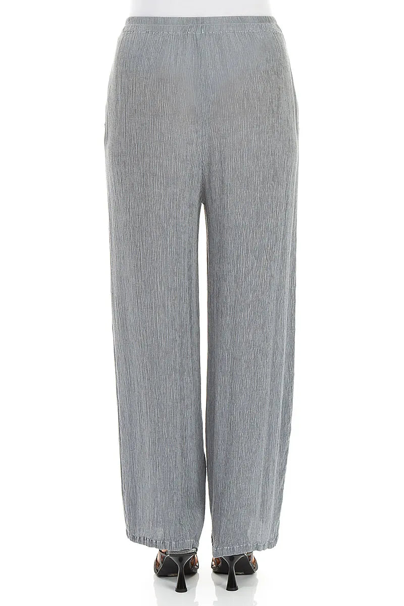 Pantalon Droit en Soie Viscose Gris Argent