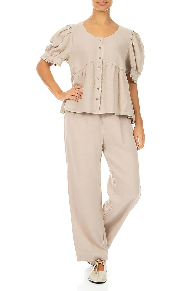 Straight Tie Up Beige Linen Trousers 4