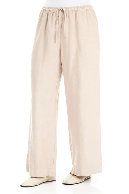 Straight Tie Up Beige Linen Trousers 3