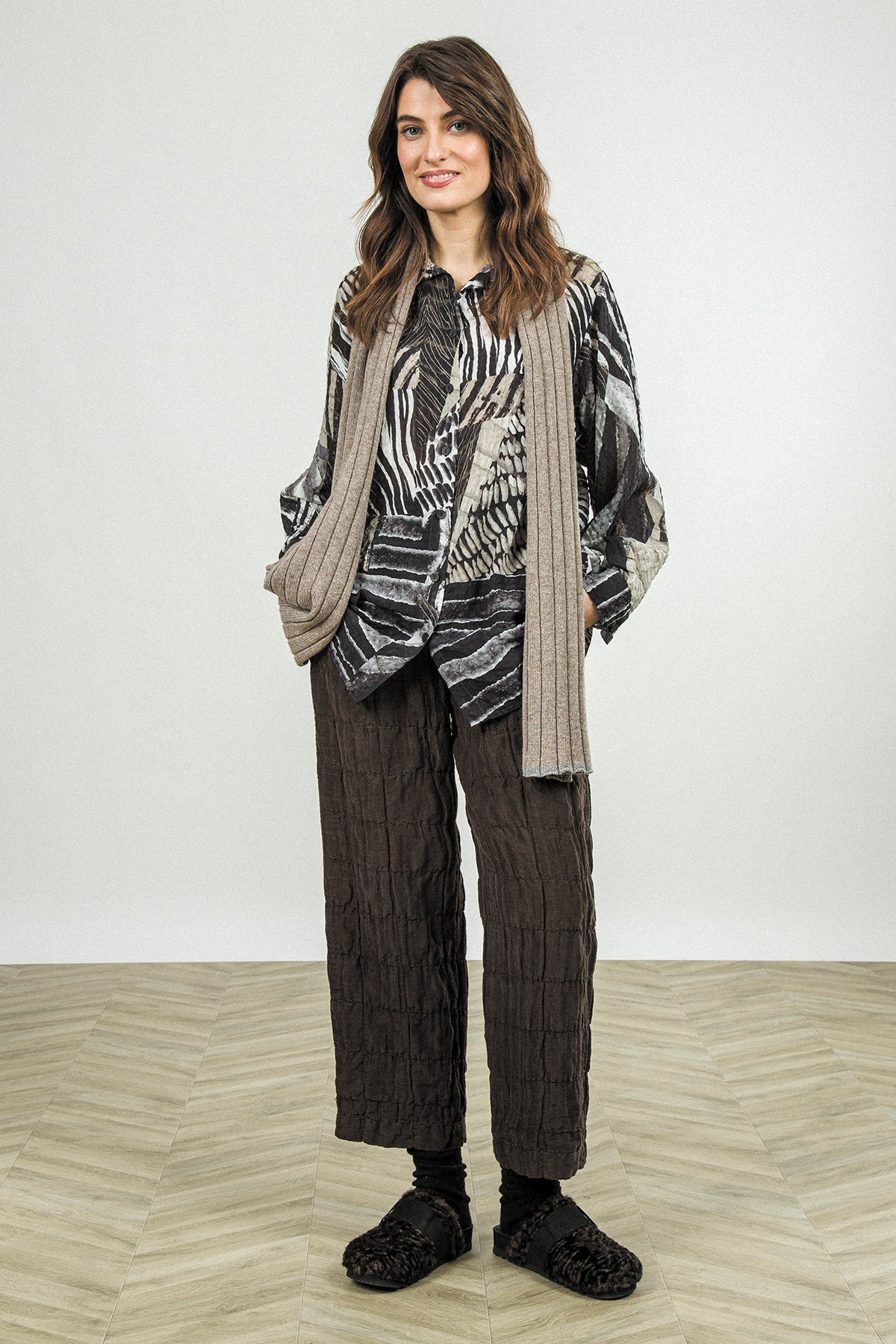 Straight Truffle Brown Pleated Silk Linen Trousers 7