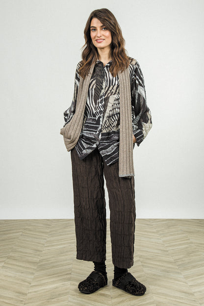 Straight Truffle Brown Pleated Silk Linen Trousers 7