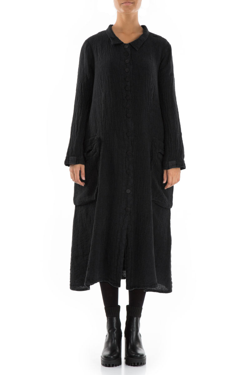 Long Buttonline Black Mélange Linen Jacket 1