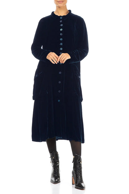 Veste longue élégante en velours de soie bleu royal