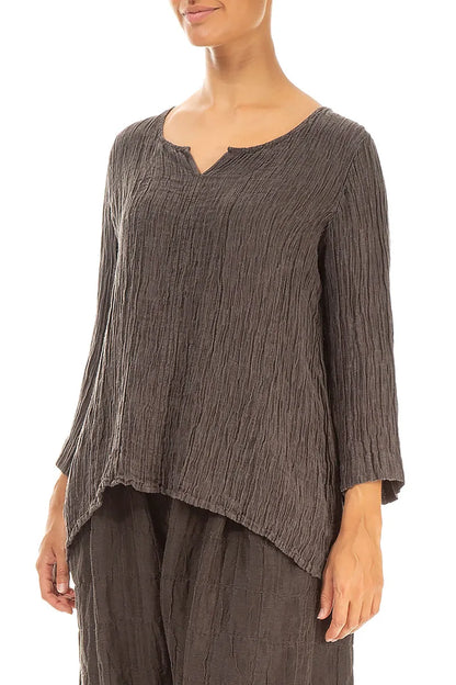 Sweetheart Neck Crinkled Forest Brown Silk Blouse 3