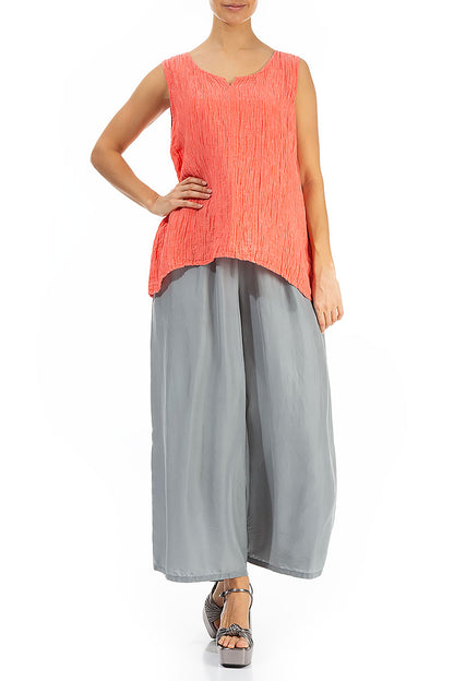 Sweetheart Neck Crinkled Living Coral Silk Top 4