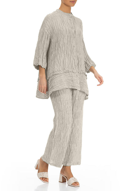 Taper Beige Crinkled Silk Linen Trousers 4