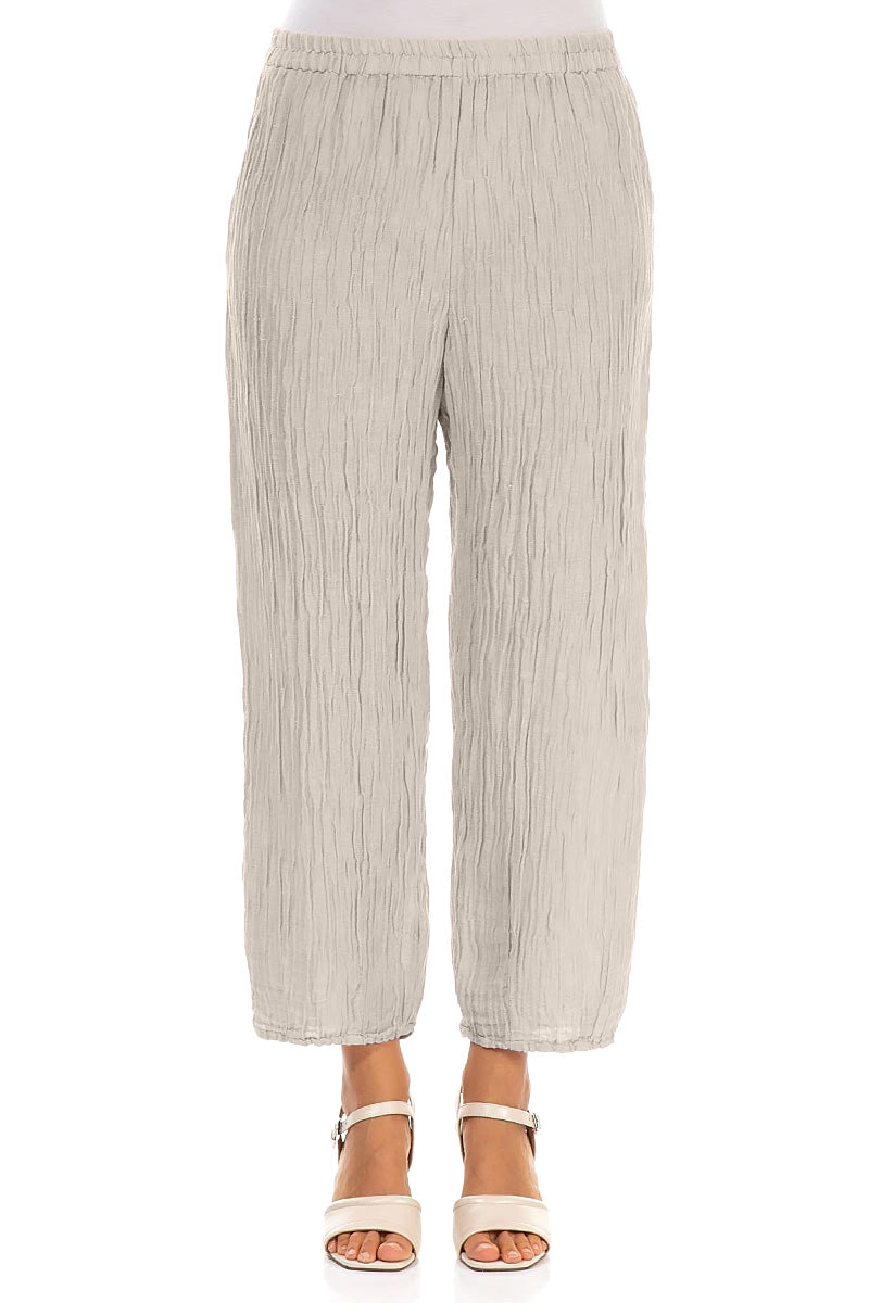 Taper Crinkled Beige Silk Trousers