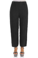 Taper Crinkled Black Silk Trousers 1