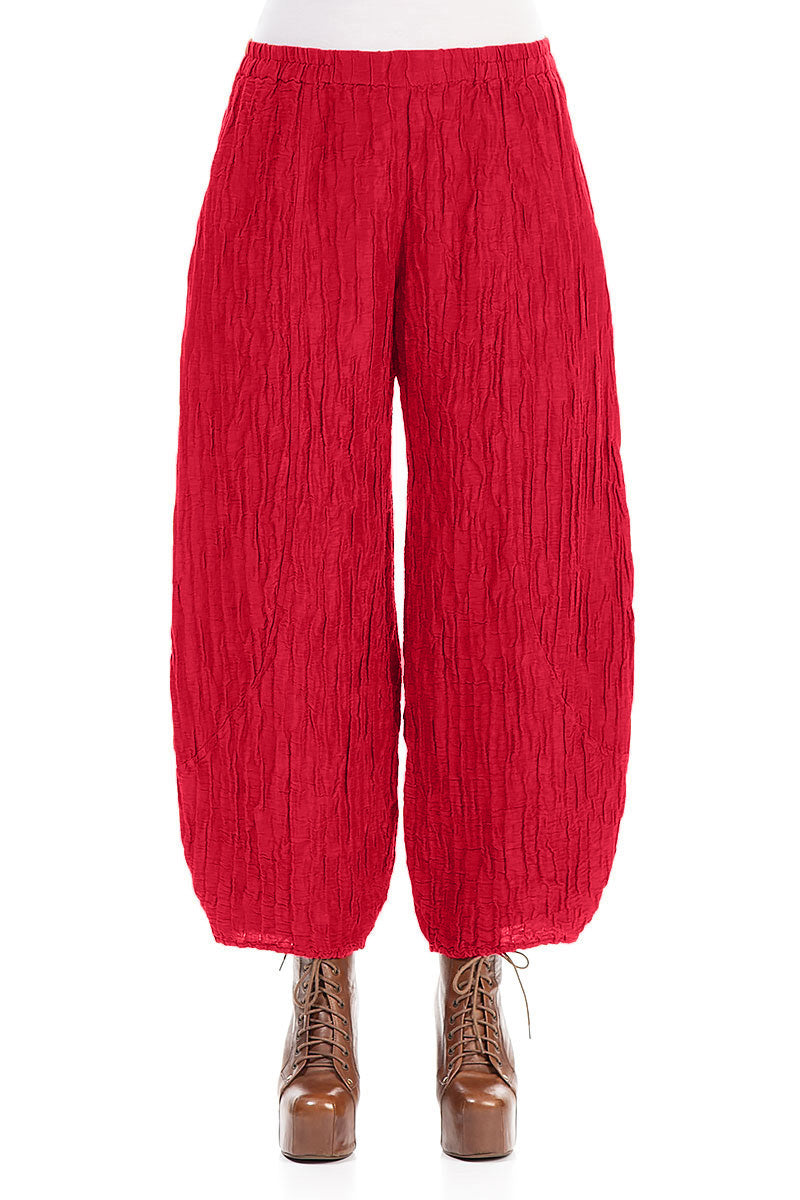 Taper Crinkled Cherry Red Silk Linen Trousers 1