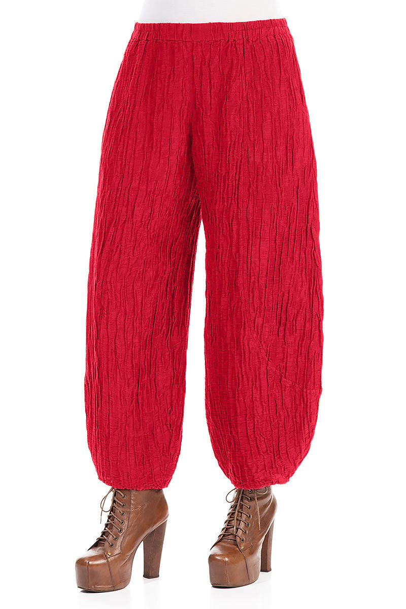 Taper Crinkled Cherry Red Silk Linen Trousers 3