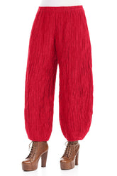 Taper Crinkled Cherry Red Silk Linen Trousers 3