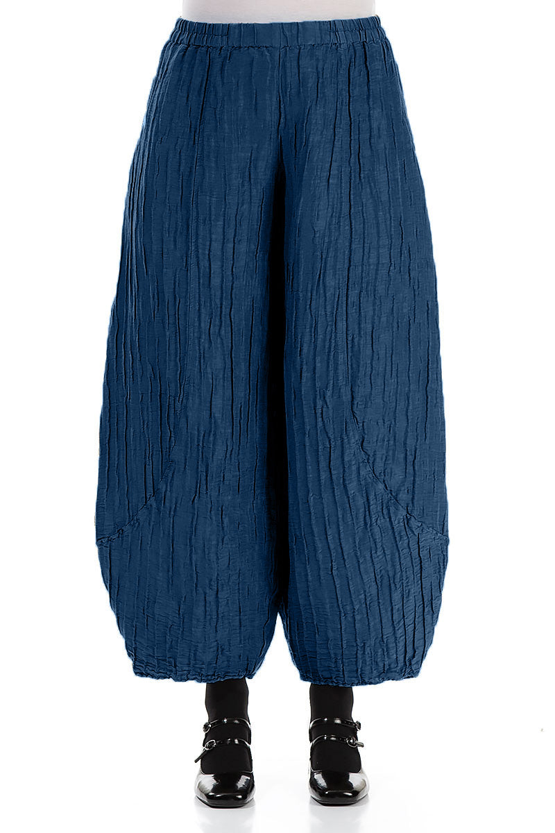Taper Crinkled Royal Blue Silk Linen Trousers