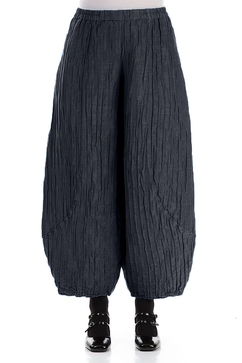 Taper Crinkled Slate Blue Silk Linen Trousers