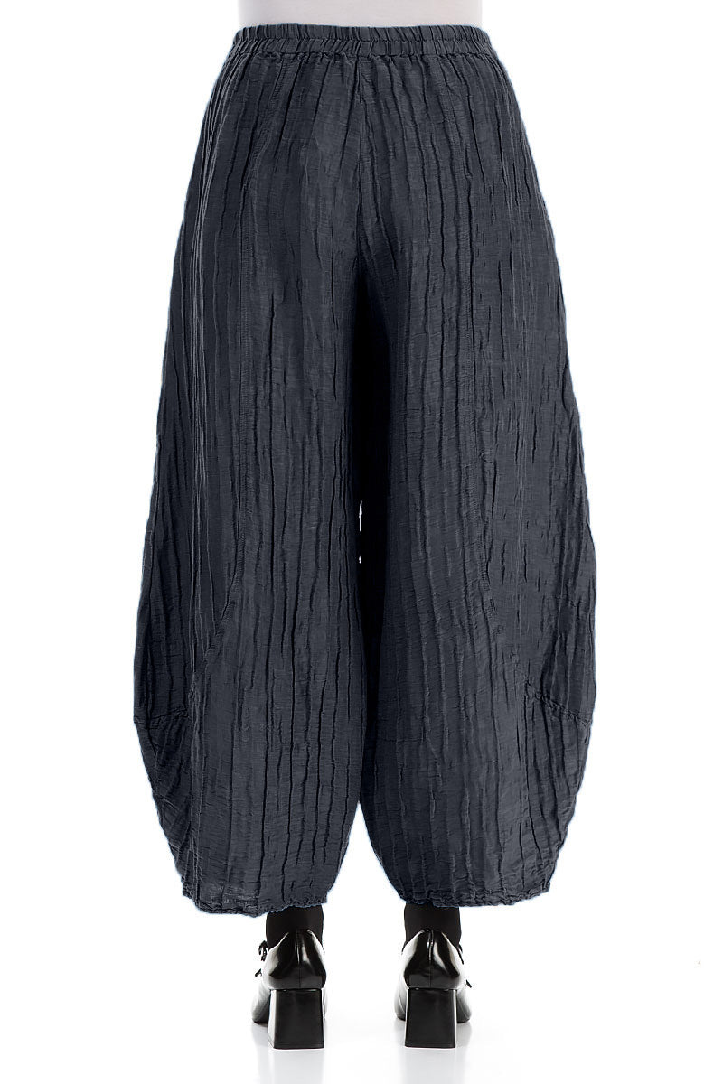 Taper Crinkled Slate Blue Silk Linen Trousers