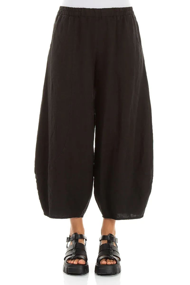 Pantalon large cropped en lin noir resserré à la cheville