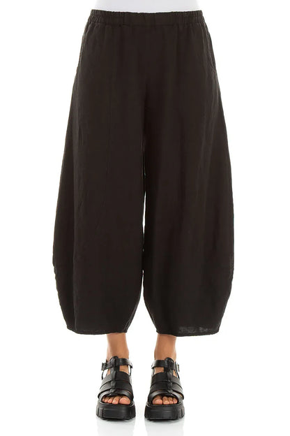 Taper Cropped Wide Black Linen Trousers