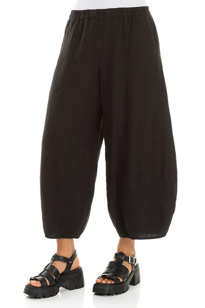 Taper Cropped Wide Black Linen Trousers