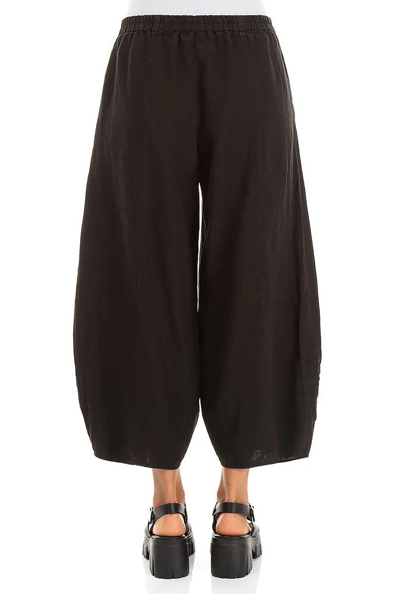 Taper Cropped Wide Black Linen Trousers