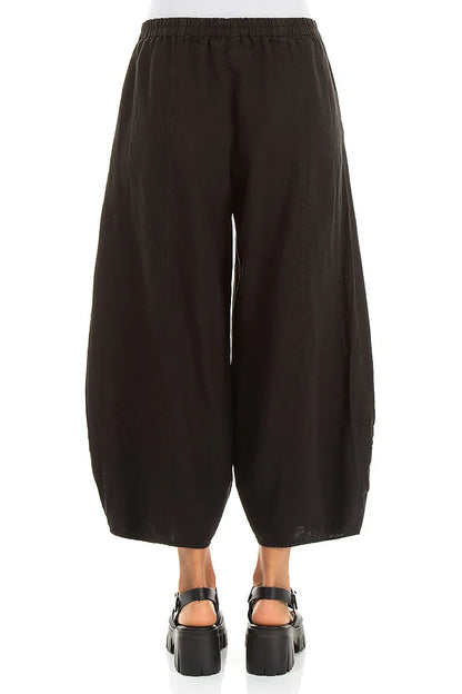 Taper Cropped Wide Black Linen Trousers