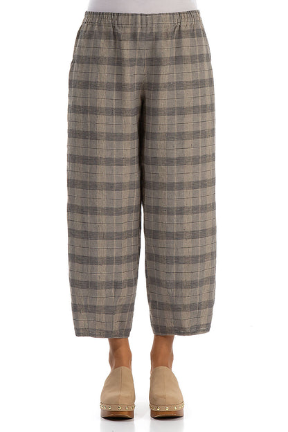 Tapered Greige Check Linen Trousers 1