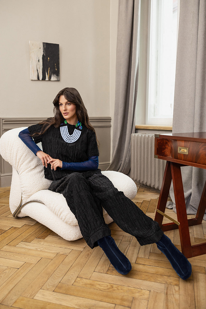 Taper Pleated Black Silk Linen Trousers 6