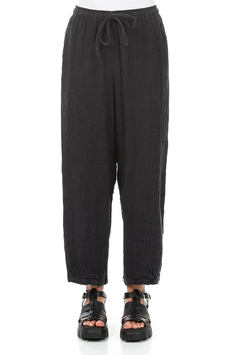 Taper Tie Up Graphite Textured Linen Trousers 1
