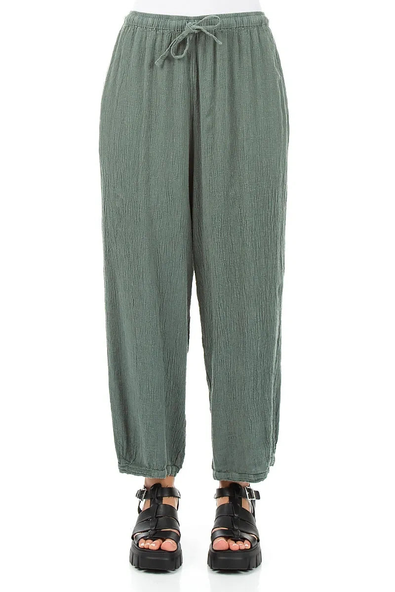 Taper Tie Up Sage Textured Linen Trousers 1