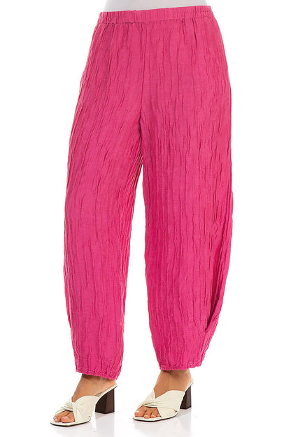 Tapered Barrel Fuchsia Crinkled Silk Linen Trousers 3