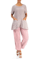 Tapered Barrel Powder Pink Crinkled Silk Trousers 4