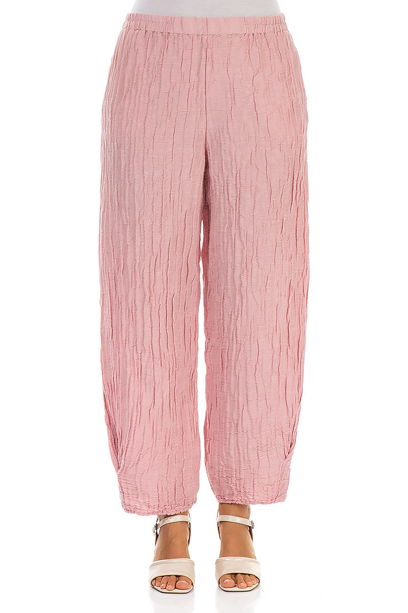 Tapered Barrel Powder Pink Crinkled Silk Trousers 1