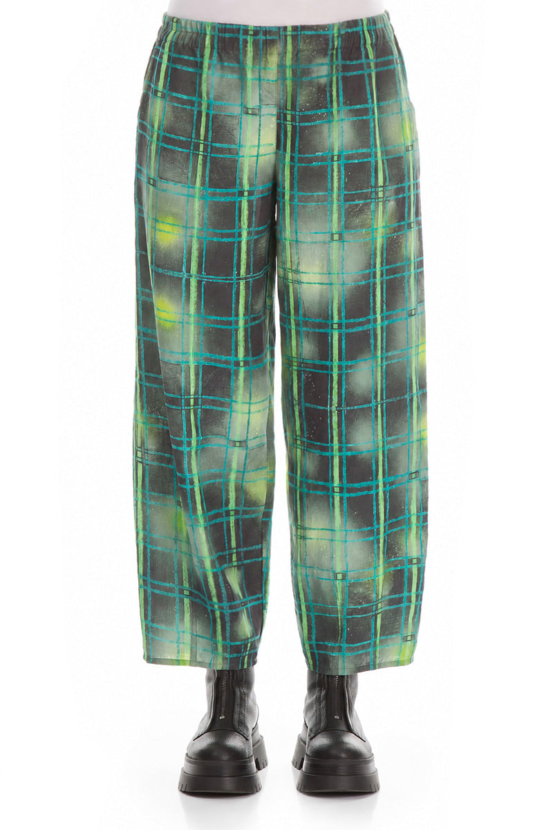 Tapered Emerald Grid Silk Linen Trousers 1