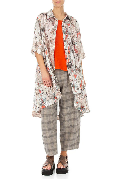 Tapered Greige Check Linen Trousers 4