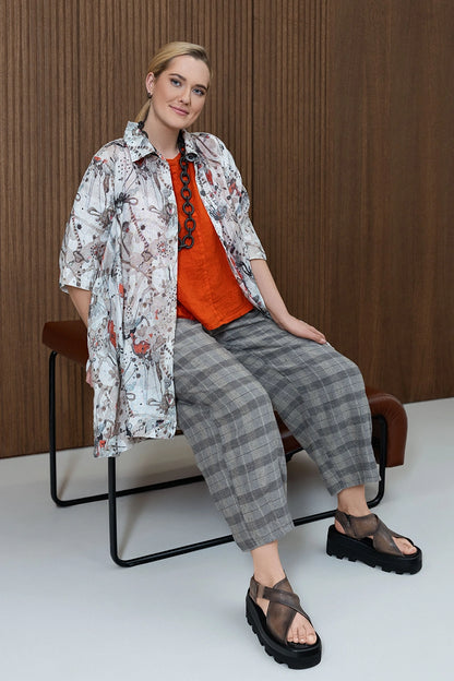 Tapered Greige Check Linen Trousers 6