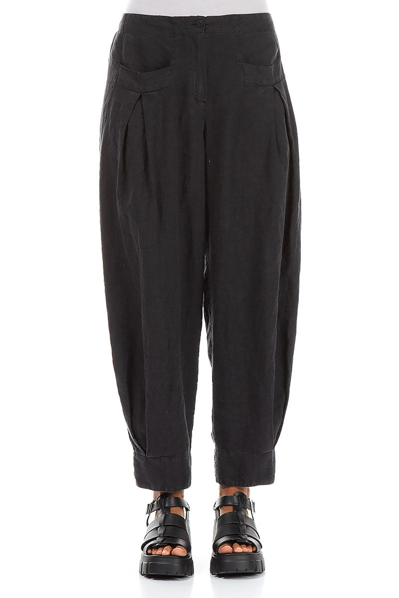 Tapered Pockets Black Linen Trousers 1