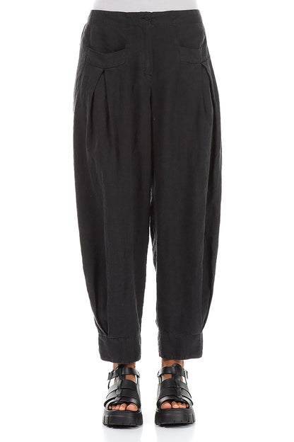 Tapered Pockets Black Linen Trousers 1