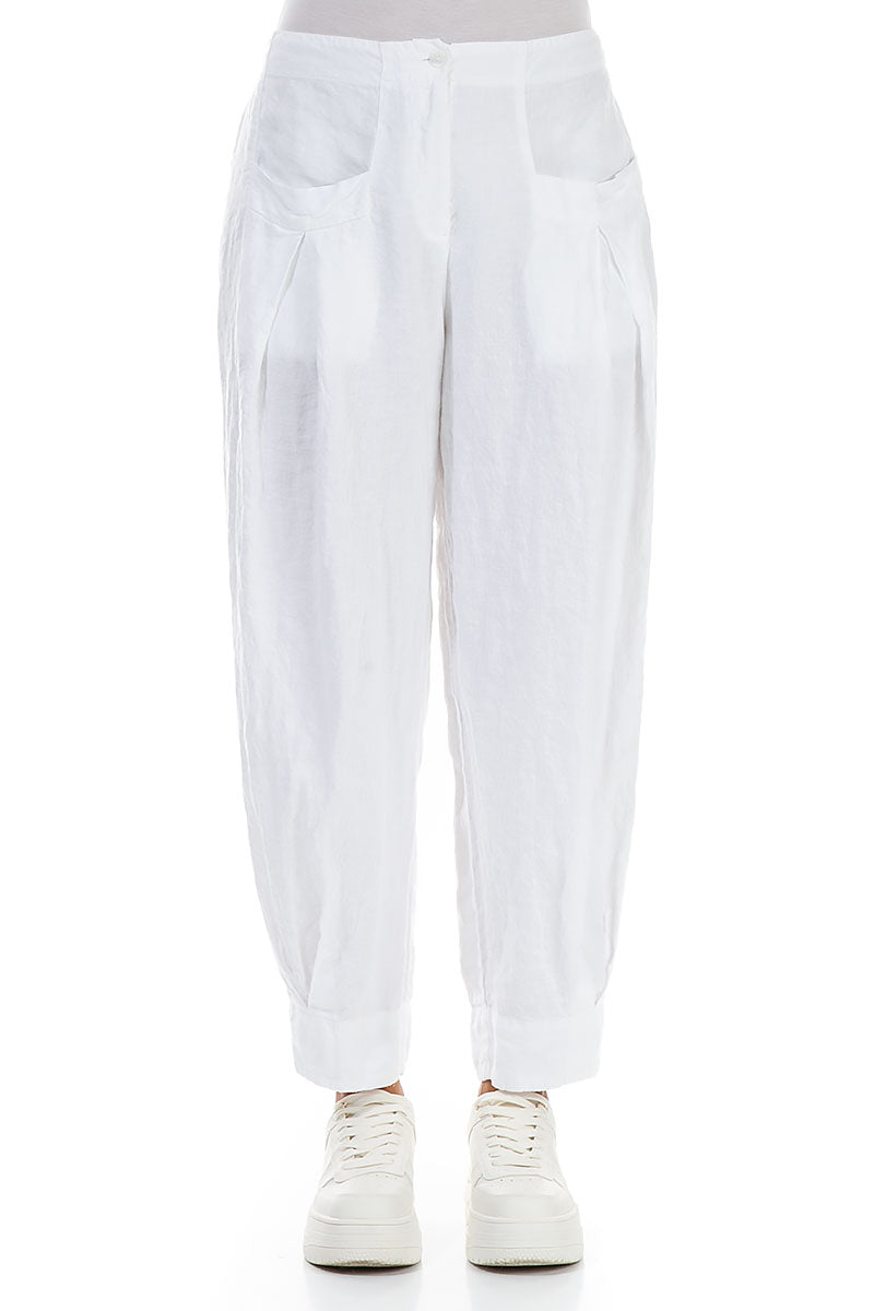 Tapered Pockets White Linen Trousers 1