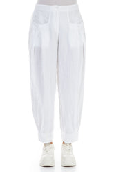 Tapered Pockets White Linen Trousers 1